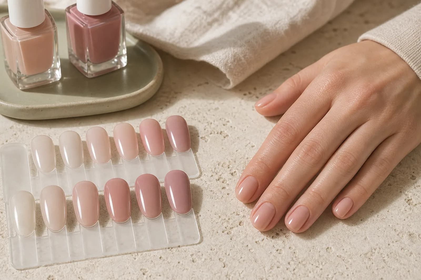 Groomed hand and nail colour samples comparing regular and gel polish finishes