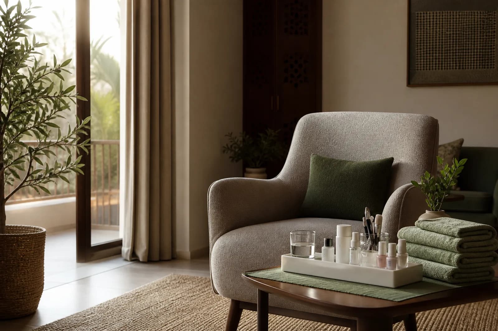 Calm home corner prepared with a chair, towels and beauty supplies before the specialist arrives